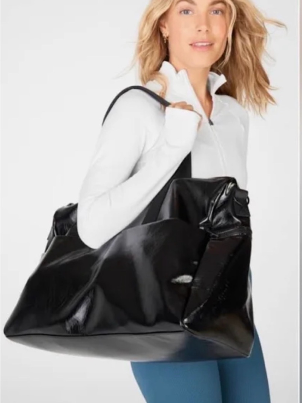 Fabletics Minimalist Metallic Silver Tote Bag w/ Luggage Sleeve